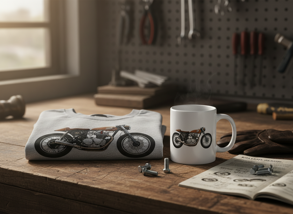A neatly folded heather gray T-shirt with a detailed, photographic print of a custom café racer motorcycle, positioned beside a sturdy white ceramic coffee mug featuring the same design in miniature. They sit on a rustic wooden workbench scattered with chrome bolts, a greasy open service manual, and a worn leather glove, all without human presence. Afternoon workshop light streams in from an unseen side window, casting warm highlights on the mug’s glossy surface and soft shadows from the shirt’s creases. Shot from a slightly elevated angle using the rule of thirds, the background fades into a soft bokeh of tool silhouettes. The mood is gritty yet aspirational, capturing the motorcycling way of life in a bold, authentic style.