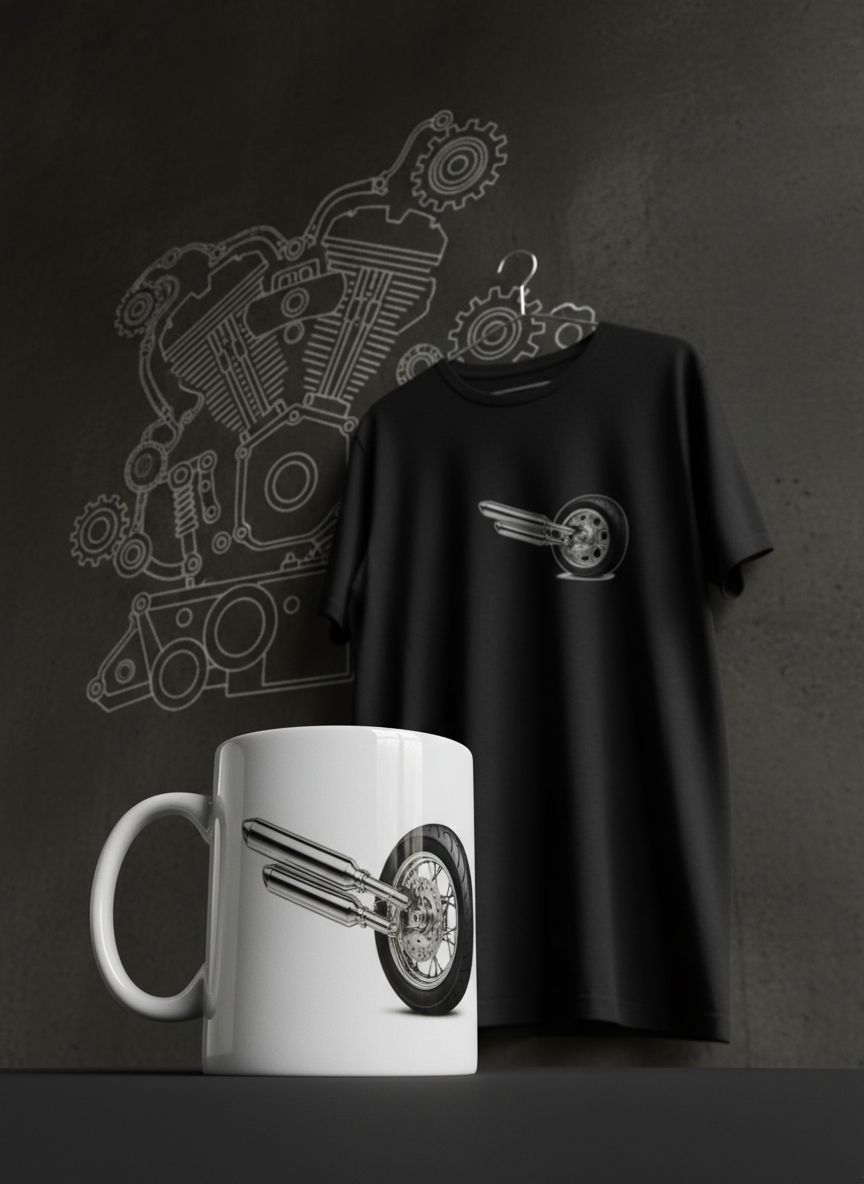 A close, low-angle, photographic realism shot of a chrome motorcycle exhaust and rear wheel printed in ultra-sharp detail on a white coffee mug and a black T-shirt hanging neatly on a minimalist metal hanger. The products are displayed against a dark concrete wall with a faint mural-style doodle of various motorcycle parts sketched in white line art. Strong overhead warehouse lighting creates dramatic highlights on the mug’s glossy ceramic, deep shadows in the shirt’s folds, and a subtle gleam on the metal hanger. The composition uses asymmetrical balance, with the mug in the foreground in tack-sharp focus and the shirt slightly behind with soft blur, creating depth. The mood is bold, industrial, and unapologetically mechanical, ideal for hardcore moto enthusiasts.