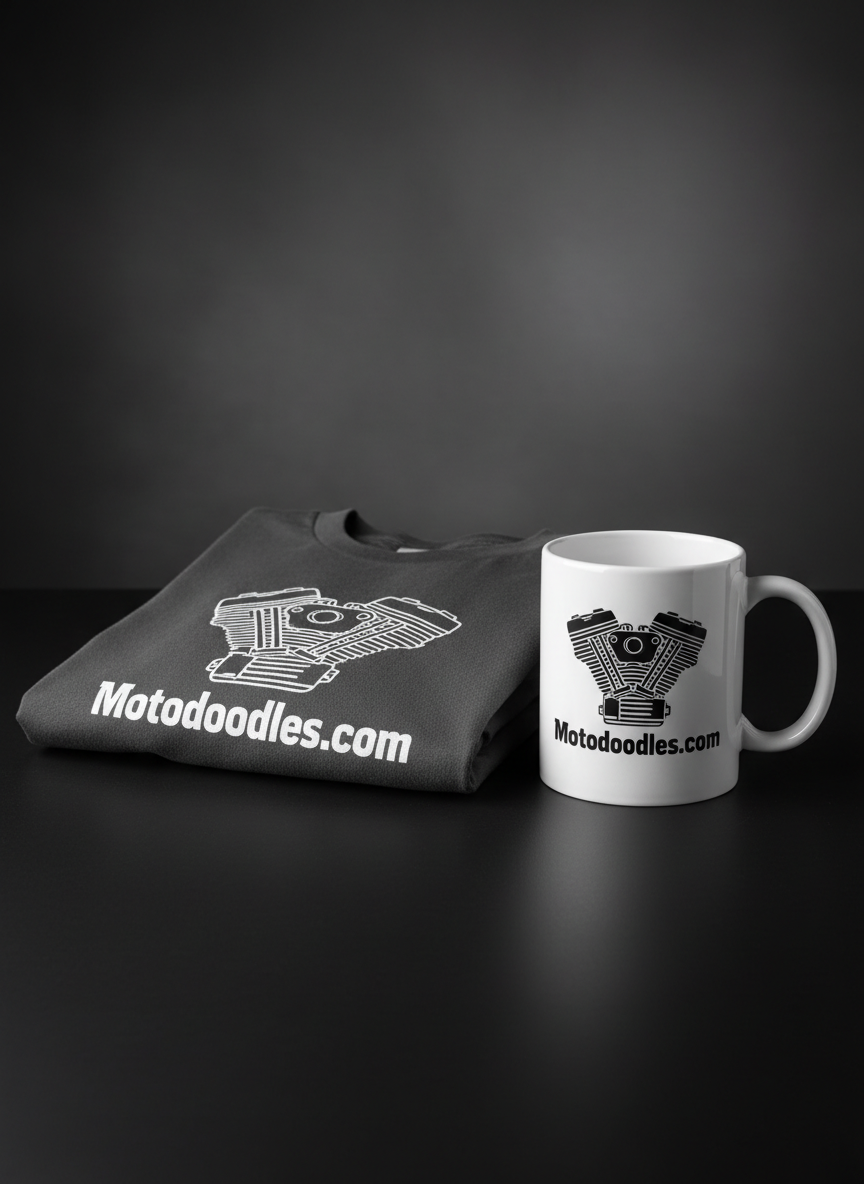 A close-up, photographic realism shot of a jet-black motorcycle fuel tank and side panel printed boldly on a premium charcoal T-shirt and a matching glossy white ceramic coffee mug. The designs show crisp, high-contrast line art of a classic V-twin engine and the text “Motodoodles.com” in a strong, modern typeface. Both products rest on a clean, matte black tabletop. Soft studio lighting from above and slightly behind creates sharp highlights on the mug’s curved surface and gentle shadows beneath the shirt’s fabric folds. The background is a subtly blurred dark gray gradient, keeping the focus on the merchandise. Eye-level composition with shallow depth of field gives a bold, commercial, product-photography look.