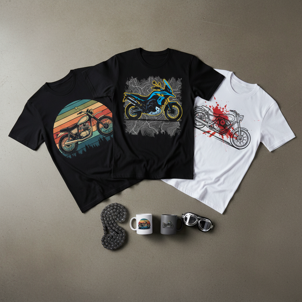 A flat-lay photographic composition of three different motorcycle-inspired T-shirts fanned out on a matte concrete floor: one with a vintage scrambler in desert tones, one with a rugged adventure bike over a topographic map, and one with an abstract line-art cruiser. Beside them, two ceramic coffee mugs in white and matte charcoal display matching miniaturized graphics. Overhead softbox lighting produces even illumination, subtle shadows around each object, and a crisp, catalog-style clarity. A coiled motorcycle chain and a pair of reflective aviator goggles lie nearby as props, carefully arranged without suggesting human presence. The palette is bold and high-contrast, with rich blacks and saturated design colors, creating a strong, modern merchandising image perfect for a product grid or homepage hero.