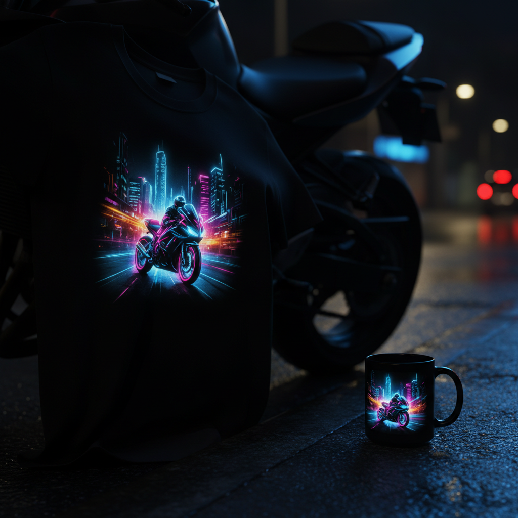 A nighttime, photographic realism scene featuring a matte black T-shirt draped over the seat of a parked, shadowy motorcycle shape, its print glowing with neon-style artwork of a city street and a sportbike streaking by. A matching black coffee mug with the same neon illustration sits on the nearby curb. The asphalt is slightly wet, reflecting colored streetlights. Cool blue and magenta neon lighting from off-frame shapes the scene, adding rim light to the mug’s glossy surface and subtle sheen to the shirt’s ink. Captured from a low, three-quarter angle with shallow depth of field, distant taillights form soft bokeh in the background. The mood is urban, bold, and mysterious, evoking late-night rides and underground moto culture.