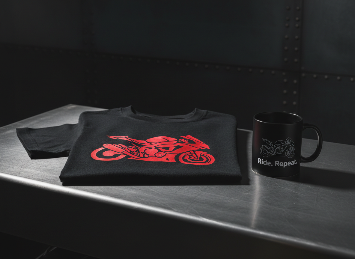 A vivid red sportbike silhouette with exaggerated aerodynamic lines is printed across the chest of a jet-black T-shirt, paired with a matte black coffee mug bearing a matching minimalist outline and the phrase “Ride. Repeat.” in stark white text. Both products are centered on a brushed metal surface reminiscent of a motorcycle frame. Dramatic side lighting creates intense contrast, sharp reflections on the mug’s rim, and deep shadows that emphasize the bold design. The background is a dark, softly blurred industrial wall with faint hints of rivets and steel panels. Shot straight-on at eye level with crisp focus and a slightly wide frame, the scene feels energetic, modern, and aggressive, reflecting a high-speed, adrenaline-fueled riding lifestyle in clean, photographic realism.