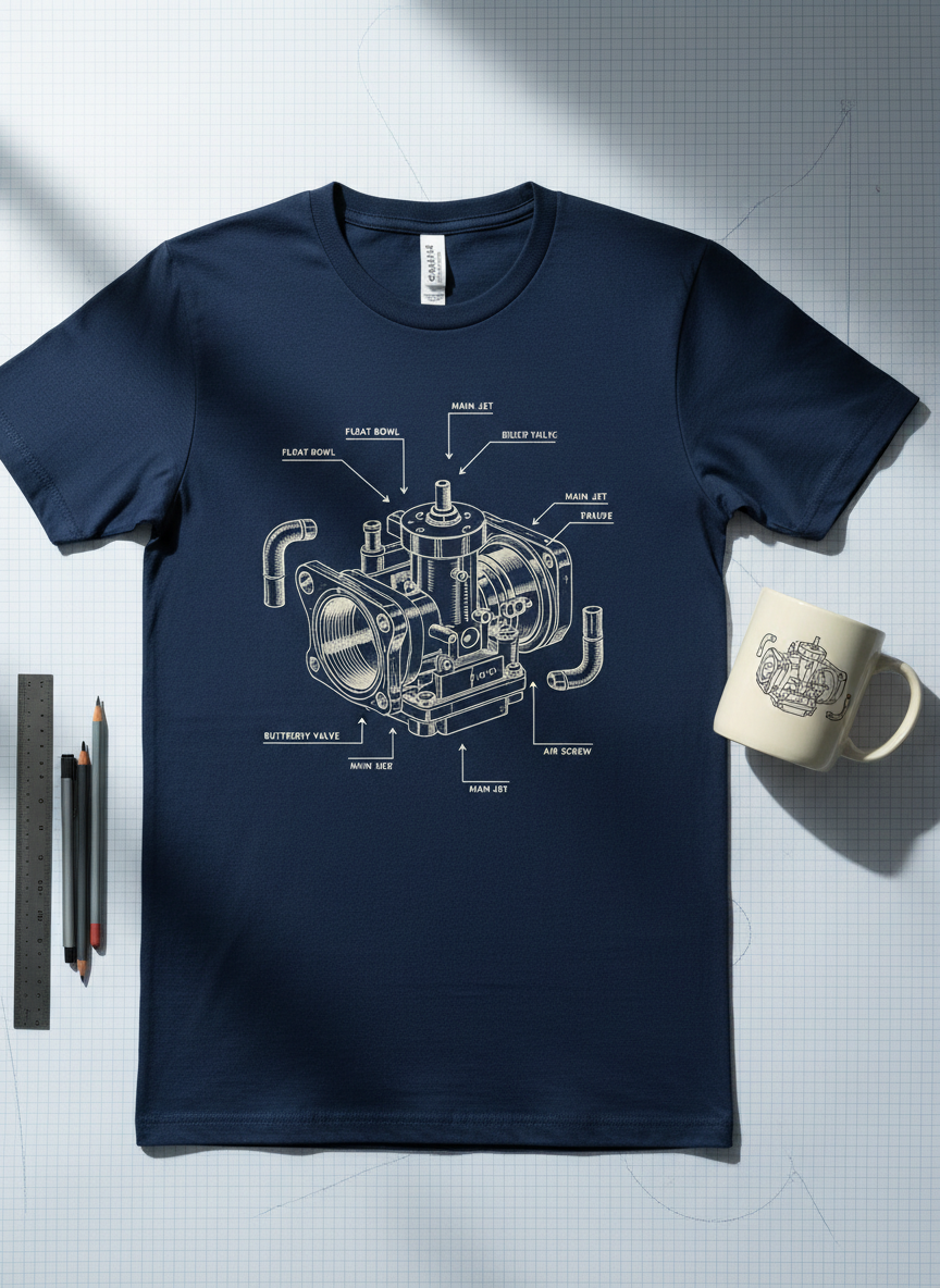 A meticulously detailed, photographic realism image of a vintage carburetor exploded-view diagram printed in off-white ink on a deep navy T-shirt, laid flat next to a cream-colored ceramic mug with a simplified line-art version of the same technical drawing. They rest on a drafting table with visible grid lines, a metal ruler, and neatly arranged mechanical pencils. Cool, diffused daylight from a large studio window softly illuminates the scene, creating gentle shadows and subtle highlights on the mug’s curved form. Shot from directly above with perfectly perpendicular lines, the composition feels precise and engineered. The atmosphere is nerdy yet stylish, appealing to mechanically minded riders and emphasizing the intricate beauty of motorcycle engineering in a clean, bold aesthetic.