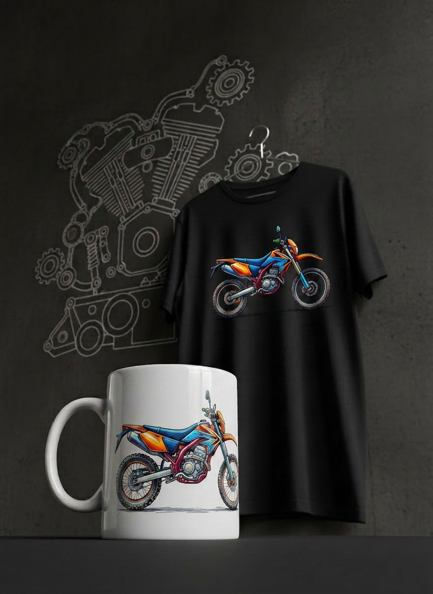 A close, low-angle, photographic realism shot of a chrome motorcycle exhaust and rear wheel printed in ultra-sharp detail on a white coffee mug and a black T-shirt hanging neatly on a minimalist metal hanger. The products are displayed against a dark concrete wall with a faint mural-style doodle of various motorcycle parts sketched in white line art. Strong overhead warehouse lighting creates dramatic highlights on the mug’s glossy ceramic, deep shadows in the shirt’s folds, and a subtle gleam on the metal hanger. The composition uses asymmetrical balance, with the mug in the foreground in tack-sharp focus and the shirt slightly behind with soft blur, creating depth. The mood is bold, industrial, and unapologetically mechanical, ideal for hardcore moto enthusiasts.