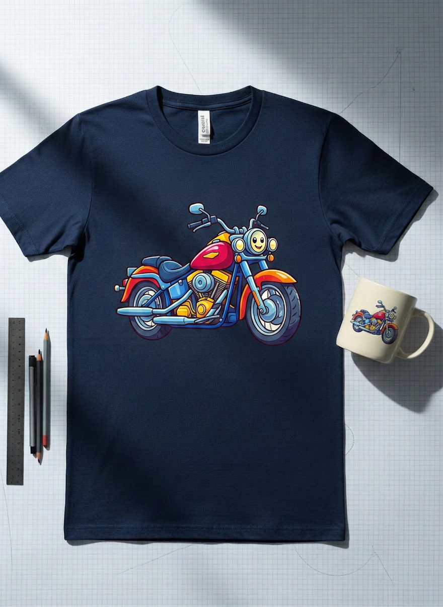 A meticulously detailed, photographic realism image of a vintage carburetor exploded-view diagram printed in off-white ink on a deep navy T-shirt, laid flat next to a cream-colored ceramic mug with a simplified line-art version of the same technical drawing. They rest on a drafting table with visible grid lines, a metal ruler, and neatly arranged mechanical pencils. Cool, diffused daylight from a large studio window softly illuminates the scene, creating gentle shadows and subtle highlights on the mug’s curved form. Shot from directly above with perfectly perpendicular lines, the composition feels precise and engineered. The atmosphere is nerdy yet stylish, appealing to mechanically minded riders and emphasizing the intricate beauty of motorcycle engineering in a clean, bold aesthetic.
